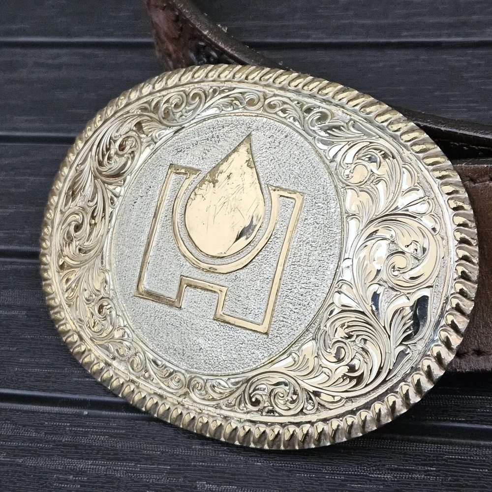 Chambers Top Grain Leather Hand Tooled Belt Eagle Mountains Brass Buckle USA 38